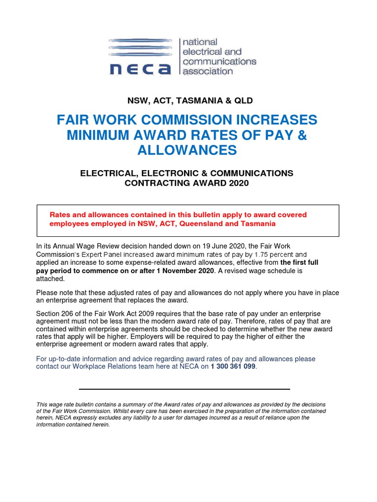 Electrical, Electronic & Communications Contracting Award Wage Rate