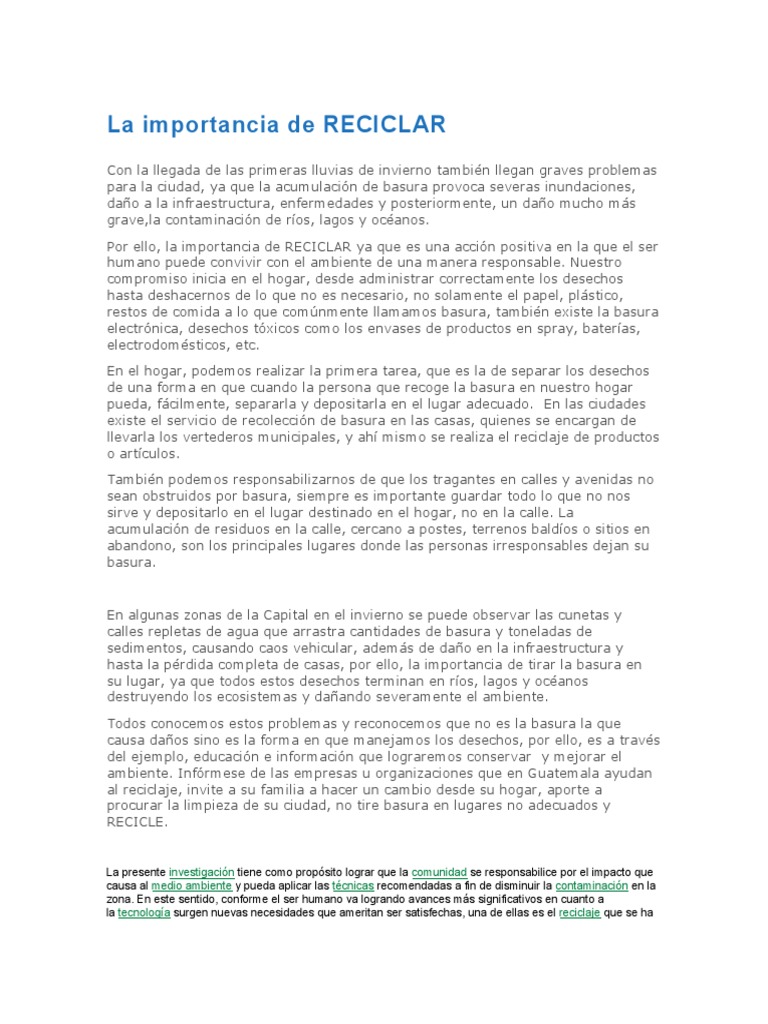 Importancia del Reciclaje en la Comunidad | PDF | Residuos | Reciclaje