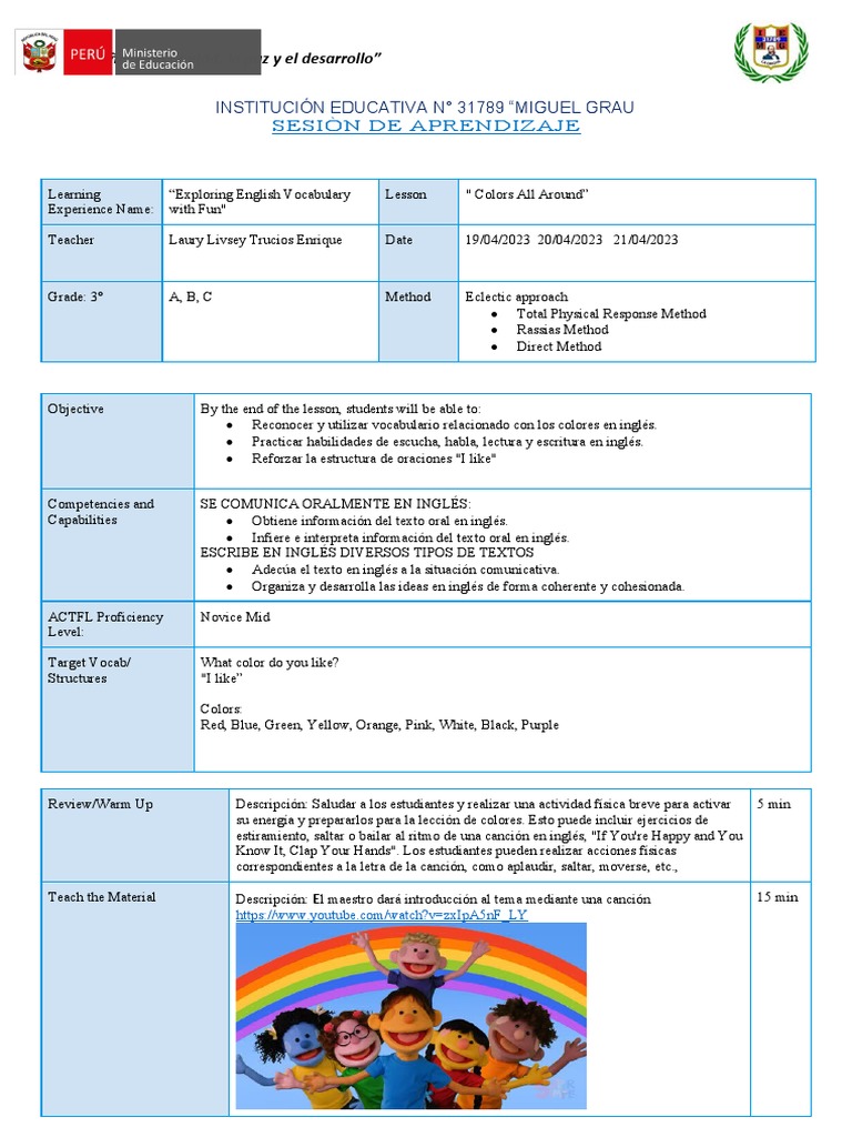 Plan de Clase: Colores en Inglés | PDF
