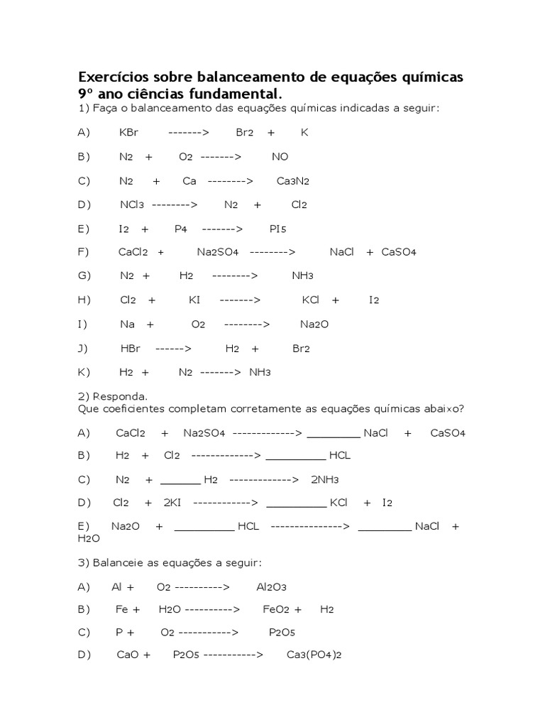 Exercícios sobre balanceamento de equações químicas 9º ano ciências ...