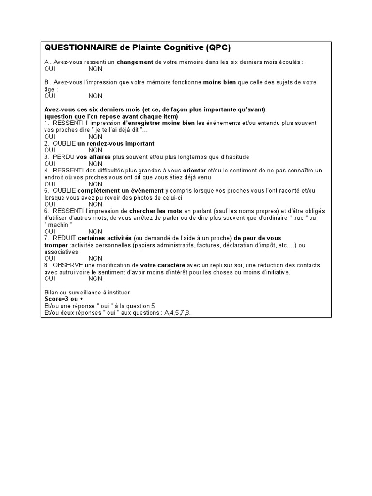 Questionnaire de Plainte Cognitive | PDF