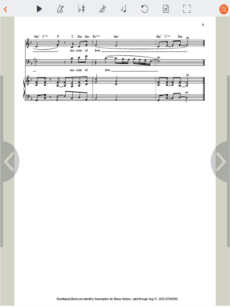 Piano and vocal sheet music for 'Seasons of Love (From Rent)' with readable notation for accompaniment and singing