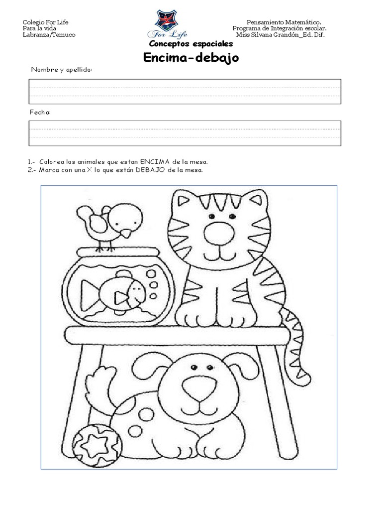 Hojas De Trabajo De Encima Y Debajo