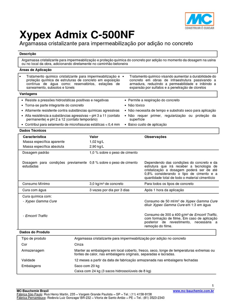 Xypex Admix C500 NF PDF Argamassa (alvenaria) Ciências Físicas