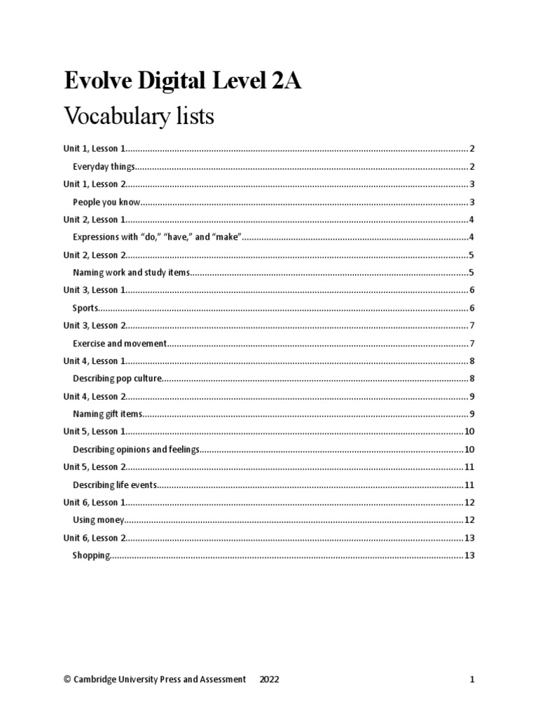 Evolve Digital Level 2A Vocabulary Lists PDF Computer Keyboard Retail