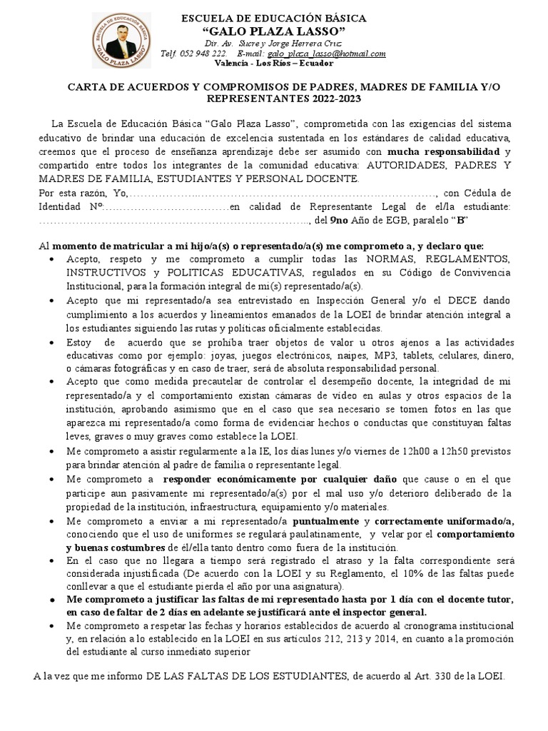 Carta de Acuerdos y Compromisos de Padres | PDF