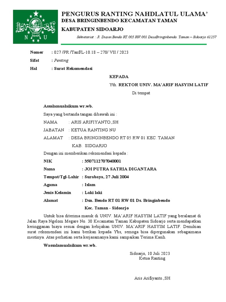 Surat Rekomendasi | PDF