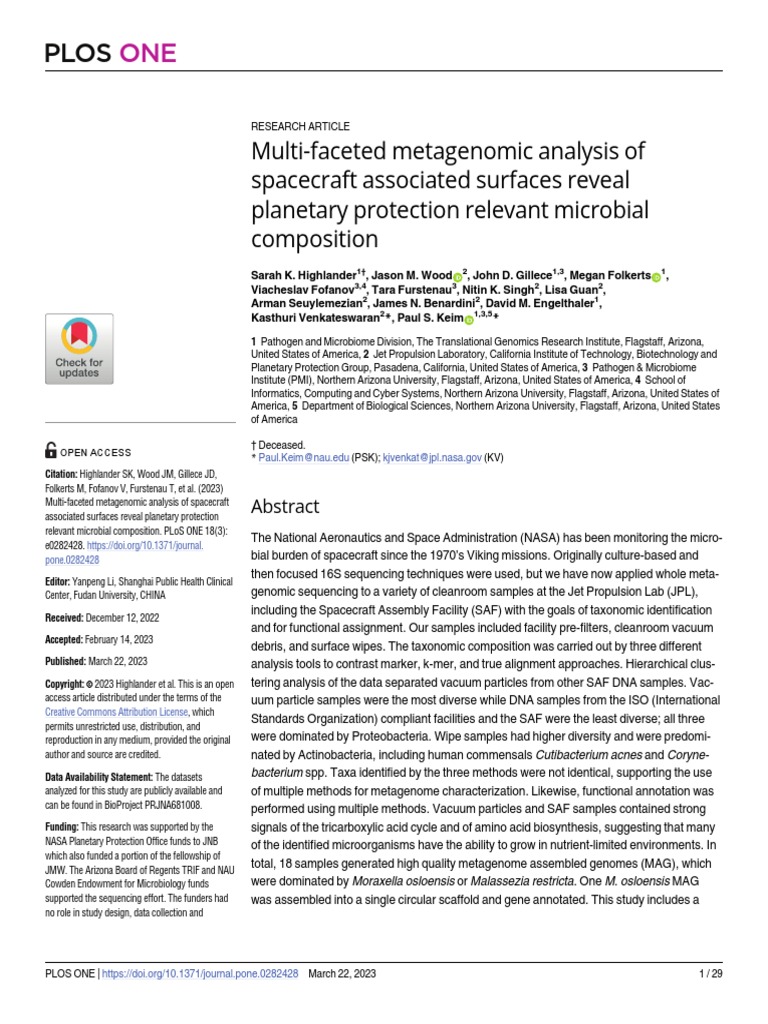 Metagenomic Analysis of Spacecraft | PDF | Dna Sequencing | Filtration