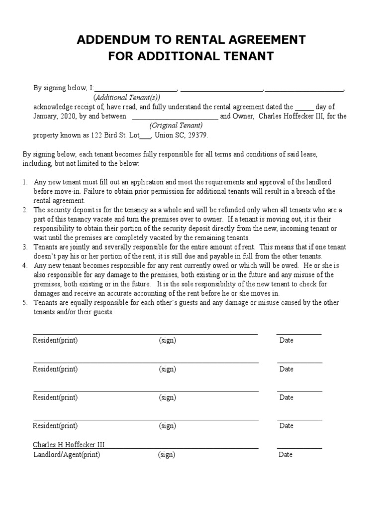 Additional Tenant Agreement Addendum | PDF | Leasehold Estate | Renting