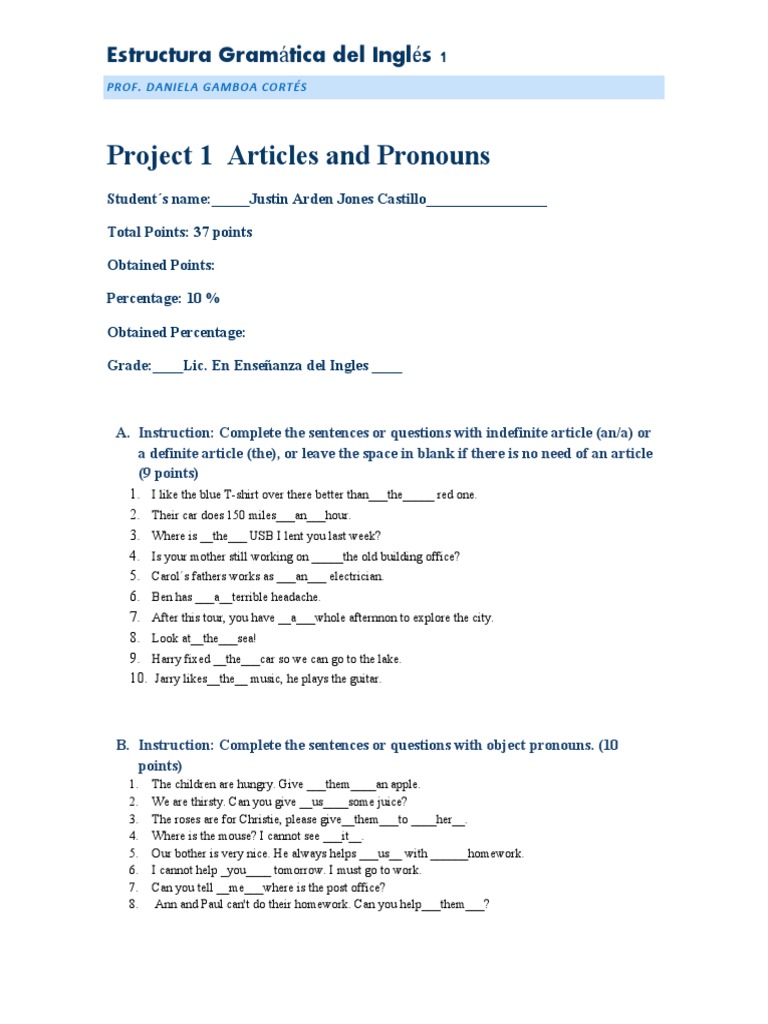 Project 1 Articles and Pronouns 10 Percent | PDF | Linguistic Typology ...