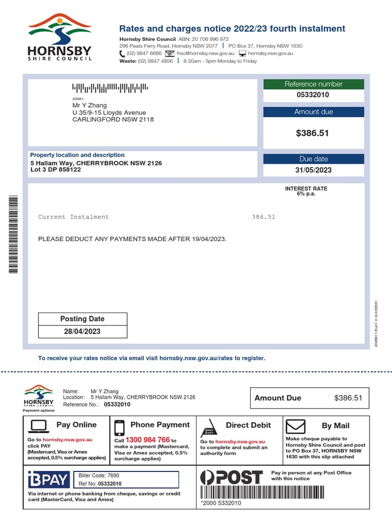 Hornsby Rates Notice Q4 2022/23 | PDF | Payments | Economies