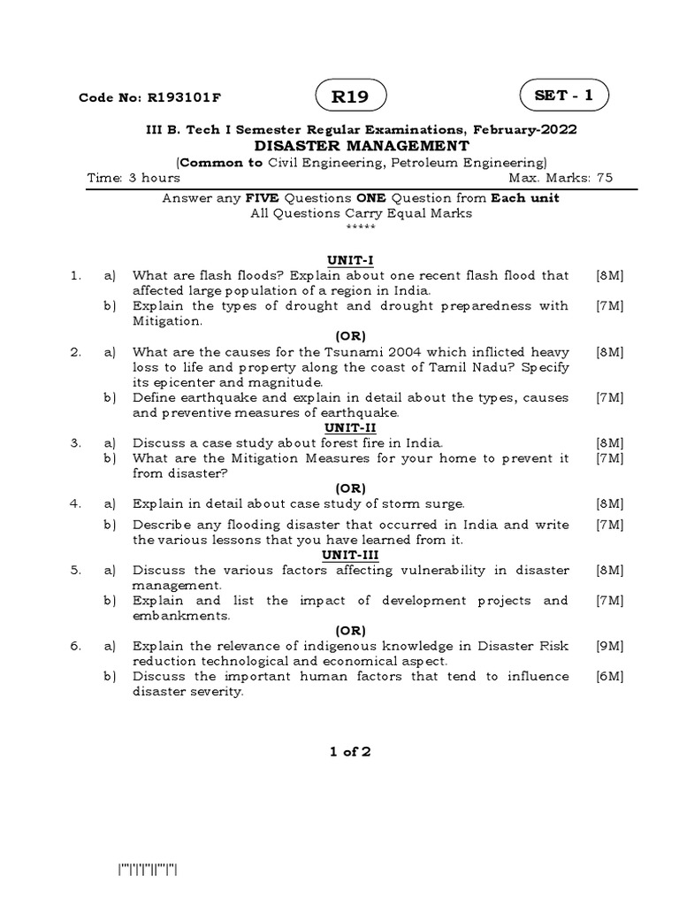 Disaster Management Exam Questions 2022 | PDF | Emergency Management | Risk