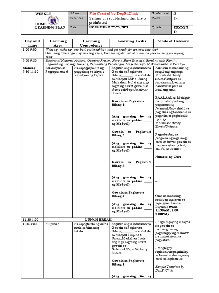 Weekly home learning plan week 2 quarter 2 pdf