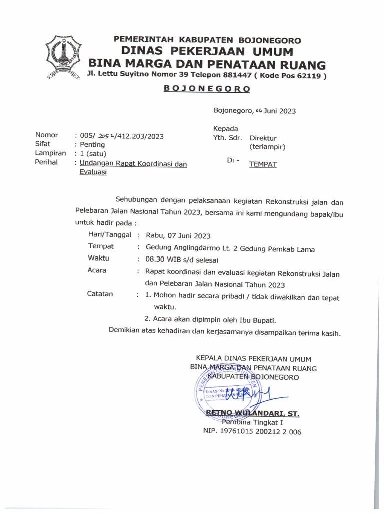 Undangan Rapat Koordinasi dan Evaluasi Kegiatan Jalan 2023 | PDF