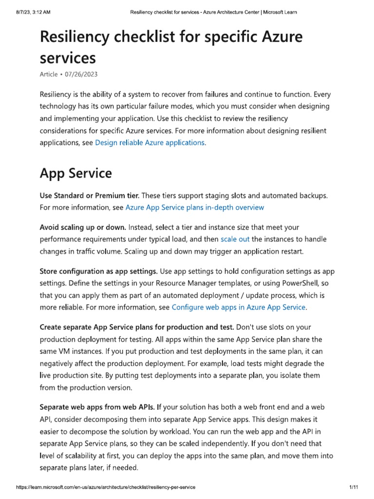 Resiliency Cheklist For Azure Services | PDF