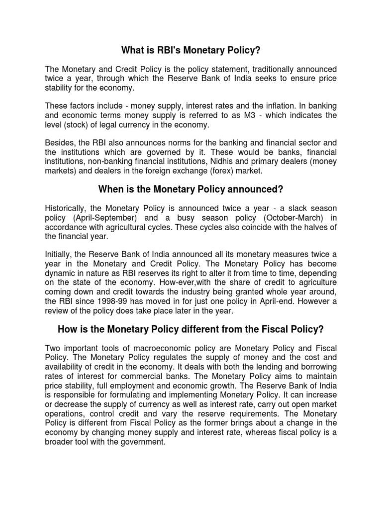 Monetary Policy in India | PDF | Monetary Policy | Money Supply