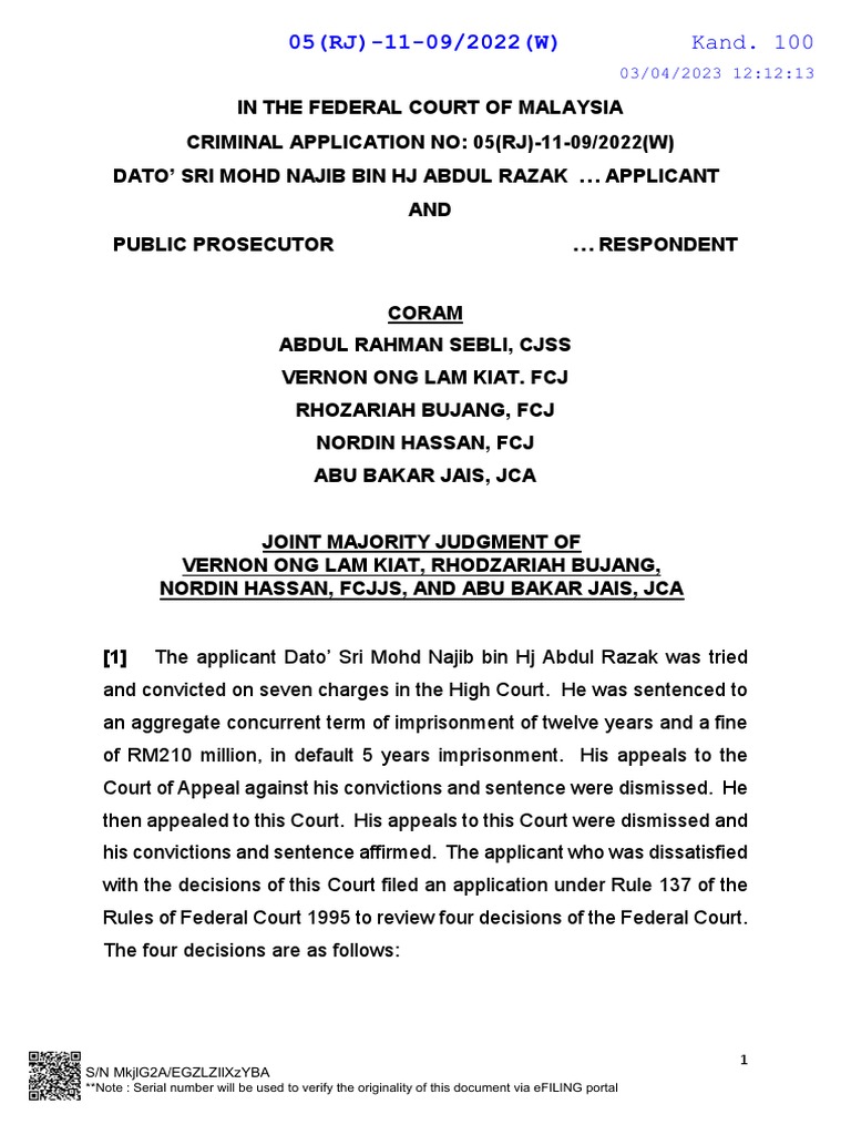 Najib Razak Federal Court Review Decision | PDF | Appeal | Judgment (Law)