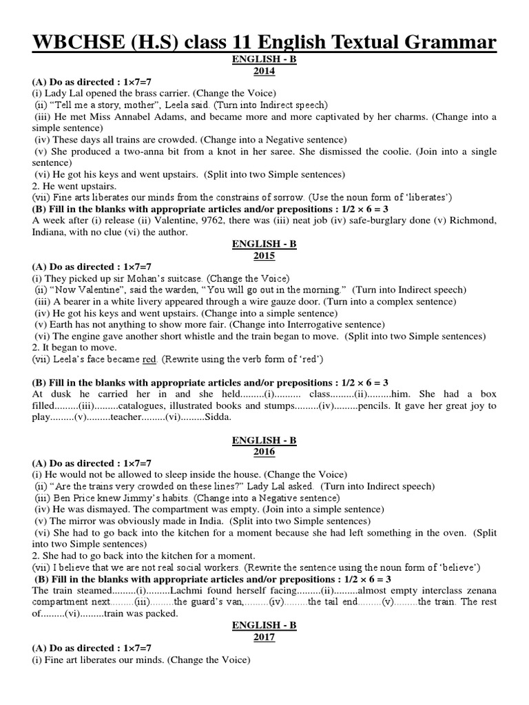 English Grammar Exercises for Class 11 | PDF | Sentence (Linguistics ...