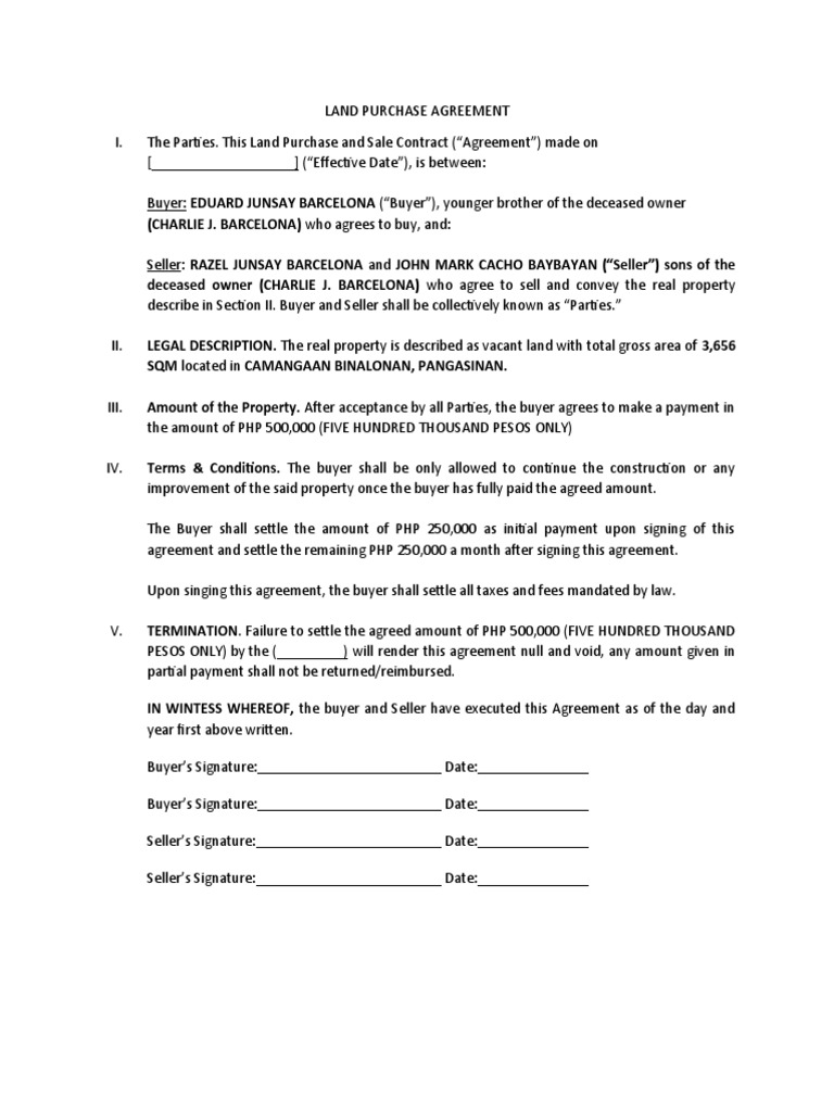 Land Purchase Agreement | PDF | Finance & Money Management | Law