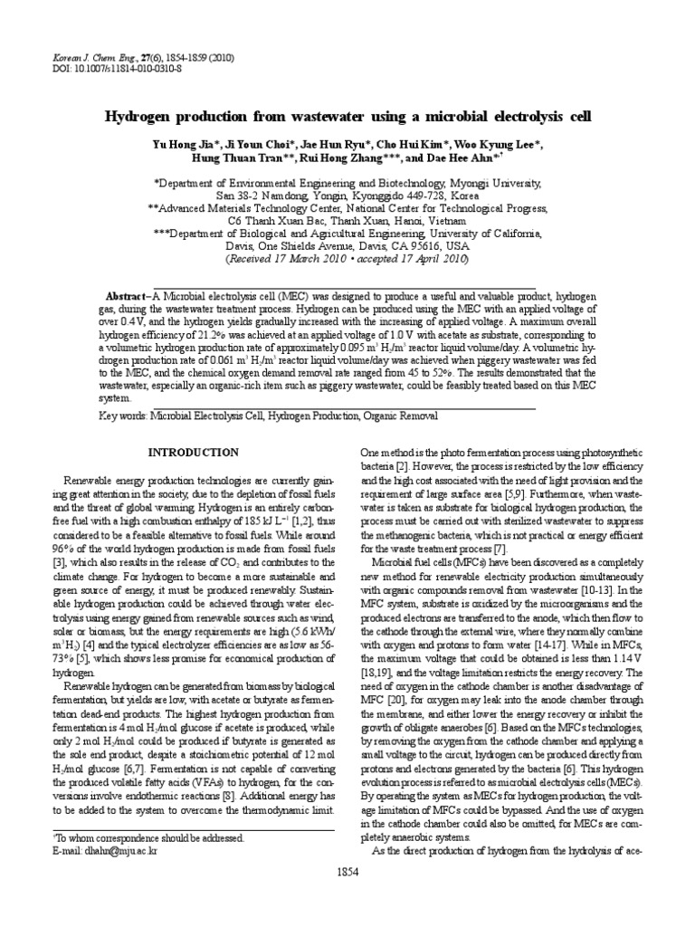 Hydrogen Production From Wastewater Using A Microbial Electrolysis Cell ...