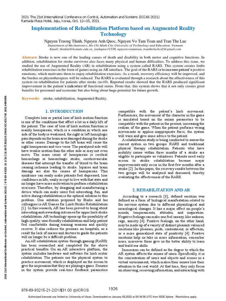 Implementation of Rehabilitation Platform Based On Augmented Reality ...