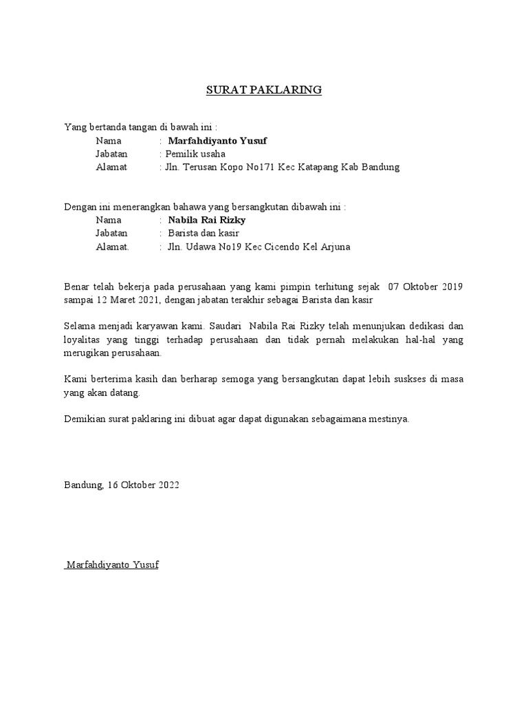 Surat Paklaring Nabila Rai Rizky | PDF | Karier & Perkembangan