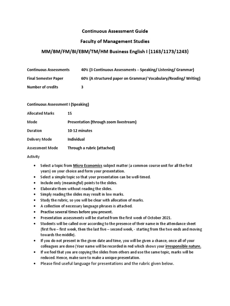 Assessment Process for Business English I | PDF | Academic Term | Learning