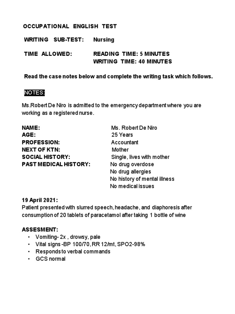 OET Writing Tasks for Nurses | PDF | Nursing | Patient