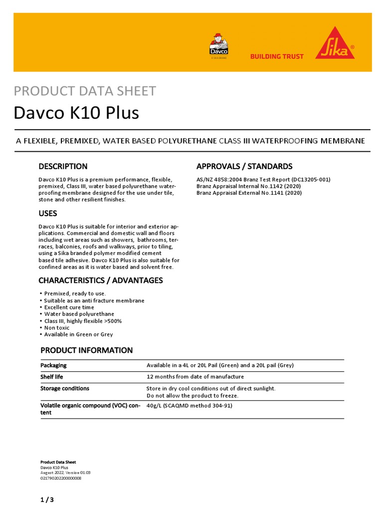 Davco K10 Plus Waterproofing Overview | PDF | Concrete | Polyurethane