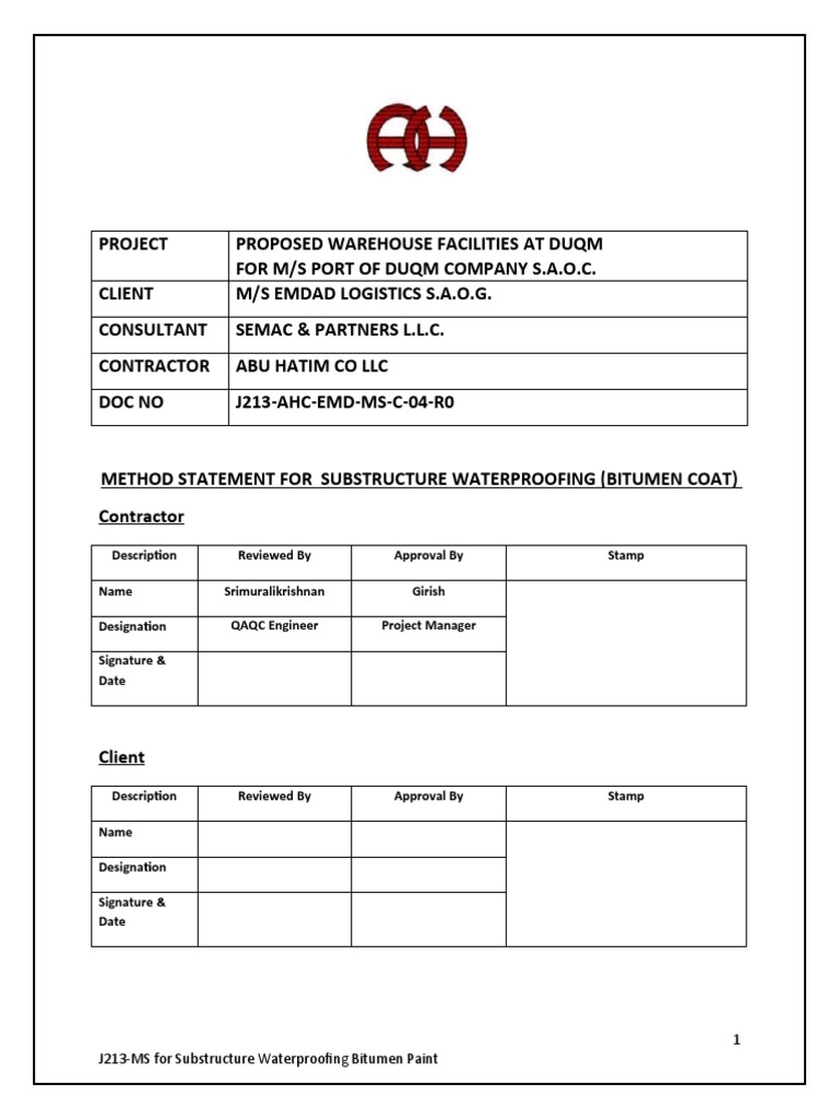 Waterproofing Method Statement for Duqm | PDF | Concrete | Paint