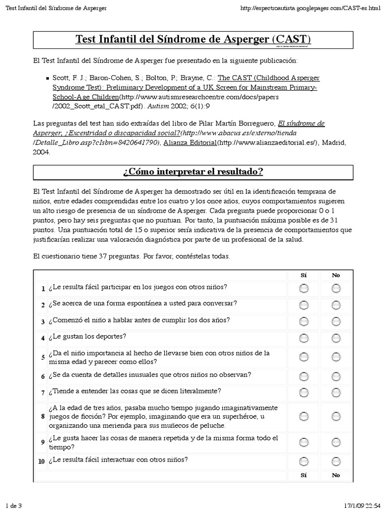 Test Infantil del Síndrome de Asperger | PDF | Síndrome de Asperger
