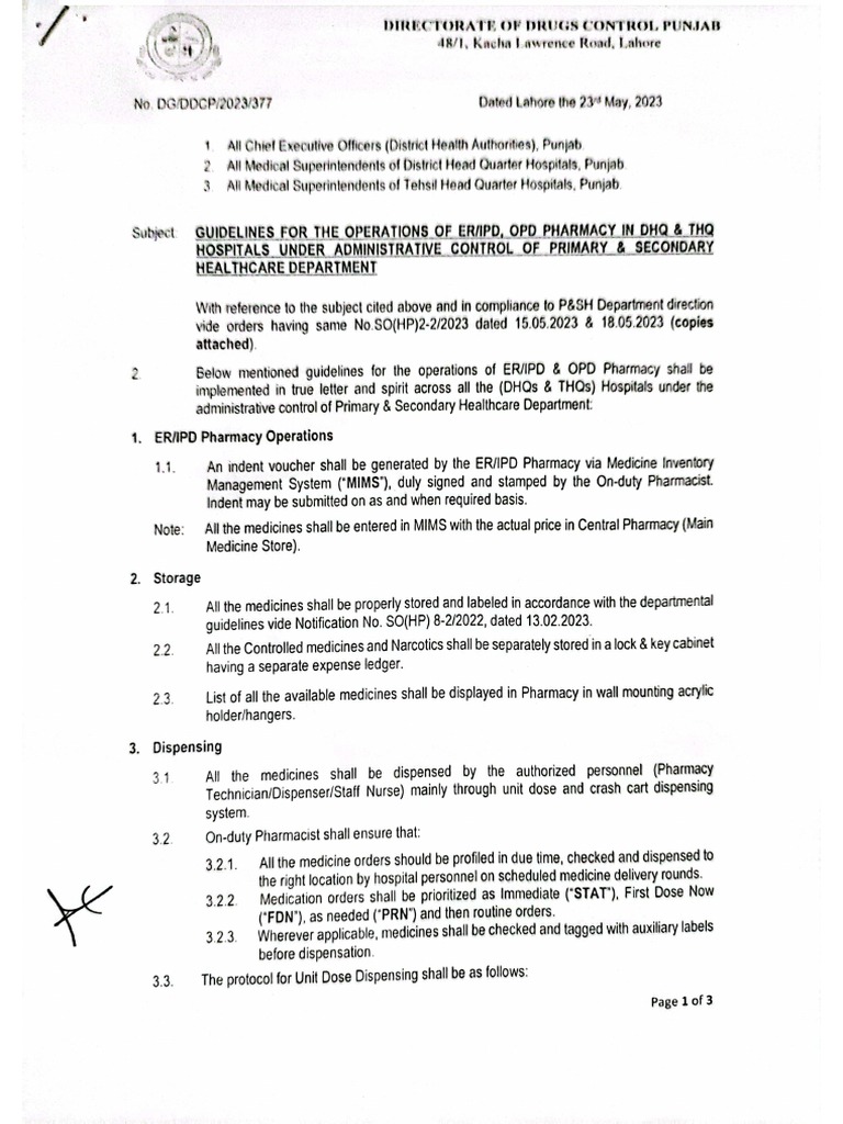 Guidelines For The Operations of ERIPD & OPD Pharmacy | PDF