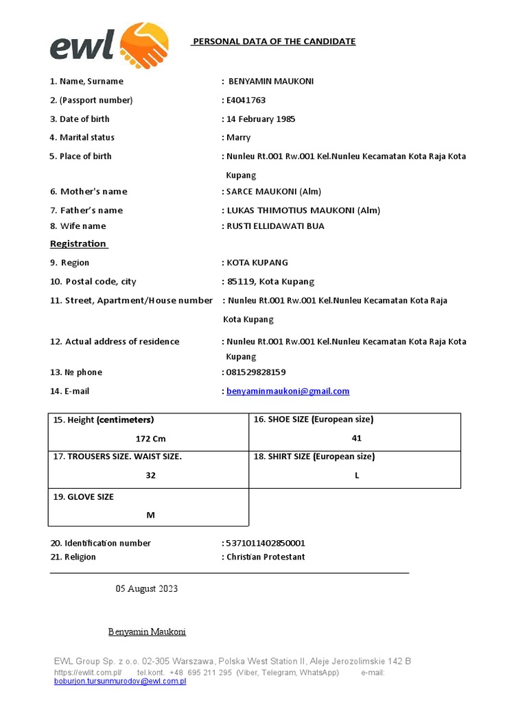 EWL Candidate Personal Data Form | PDF