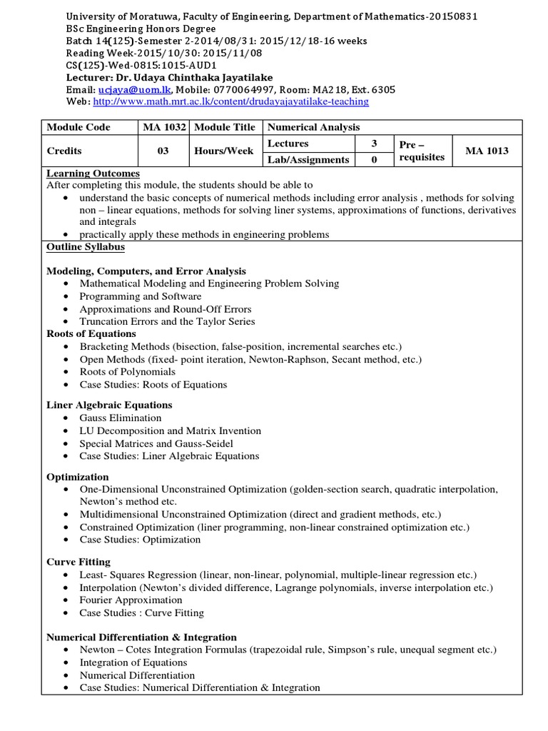 MA1032 Syllabus 14S2 PDF Numerical Analysis Equations