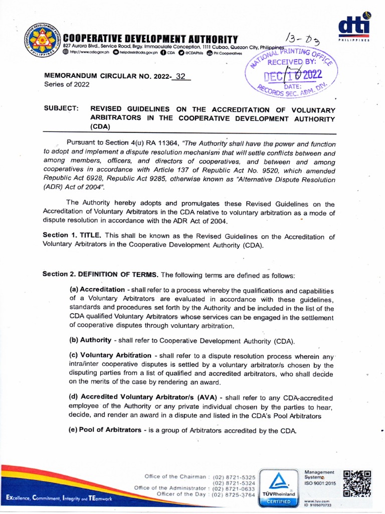 CDA MC-2022-32 Voluntary Arbitrators in The CDA | PDF | Peace | Dispute ...