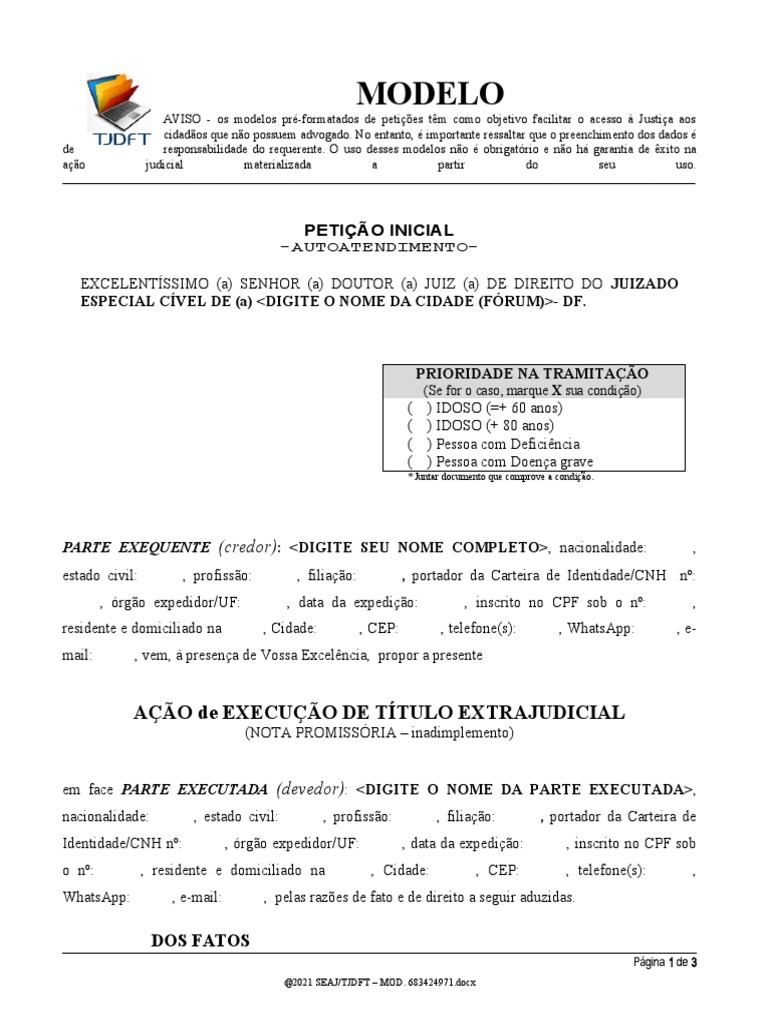 Modelo de Execução Extrajudicial - NOTA PROMISSÓRIA - Inadimplemento ...
