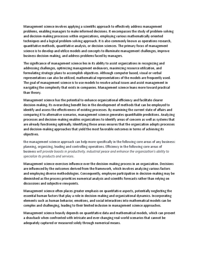 Management science pdf operations research science