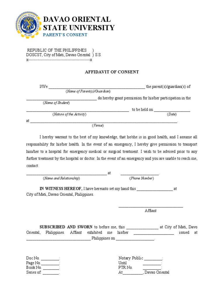 Parent's Consent Affidavit Template | PDF | Career & Growth