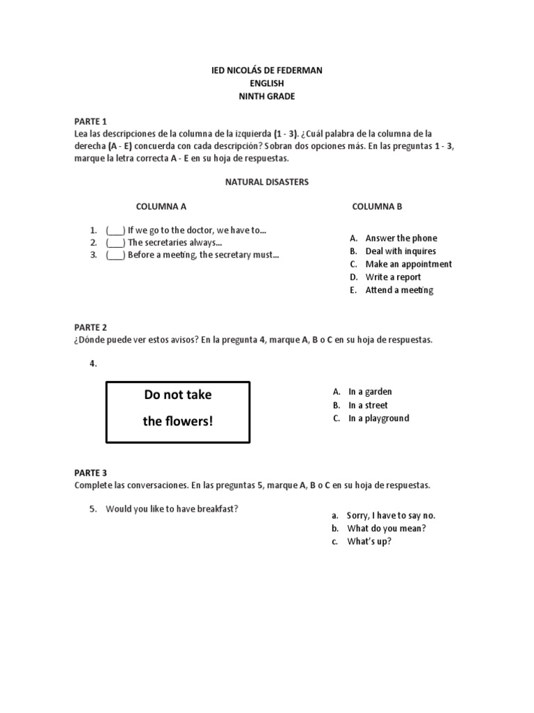 Prueba Icfes - Noveno - Inglés - Tercer Trimestre | PDF
