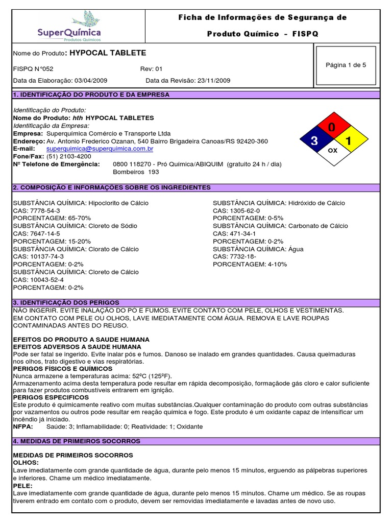 Ficha de Segurança do Hypocal Tablete | PDF | Cloro | Química