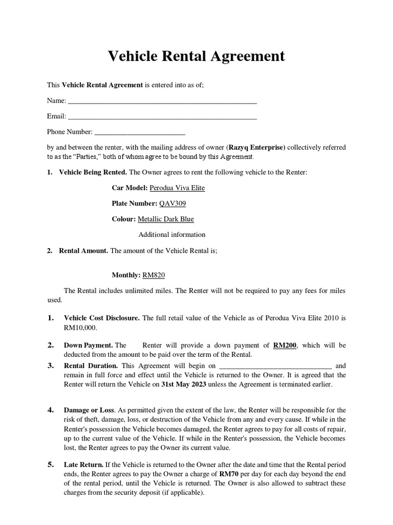 Vehicle Rental Agreement | PDF | Renting | Fee