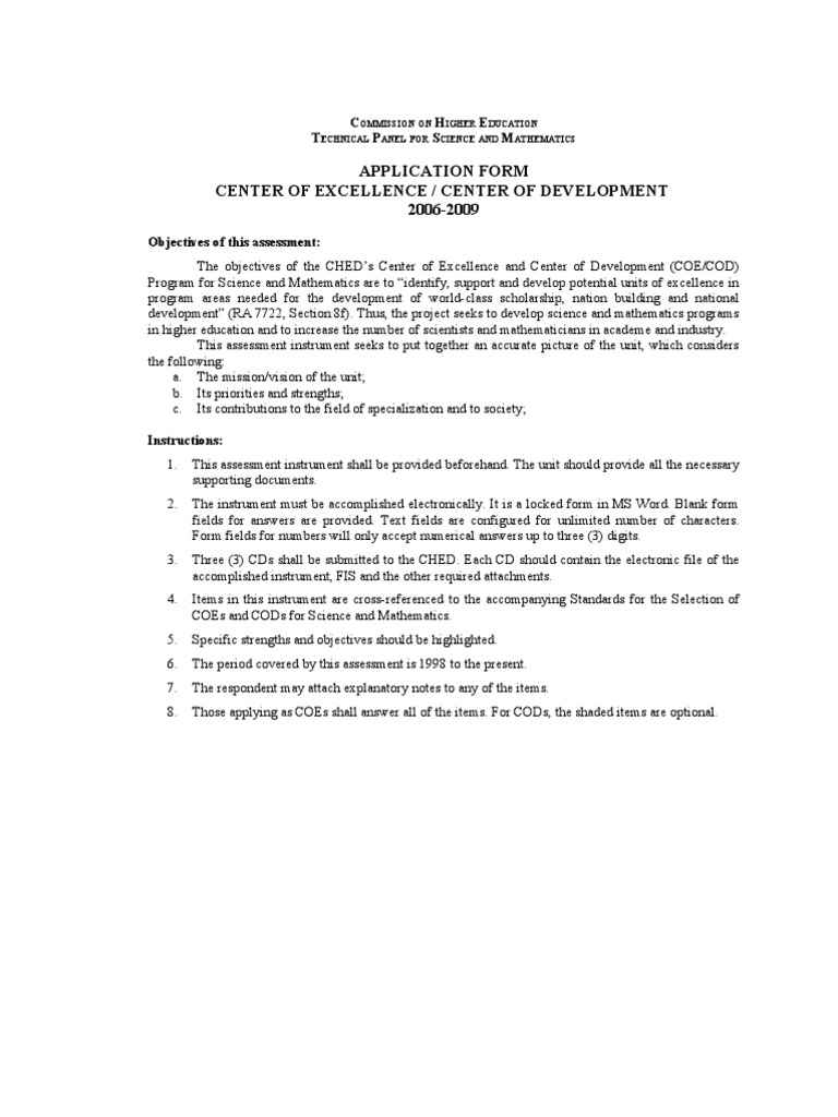 CHED COE/COD Application Form 2006-2009 | PDF | Doctor Of Philosophy ...