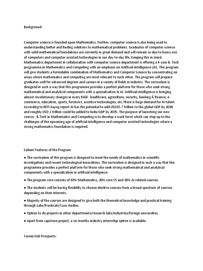 B.Tech in Mathematics and Computing AI | PDF | Artificial Intelligence ...