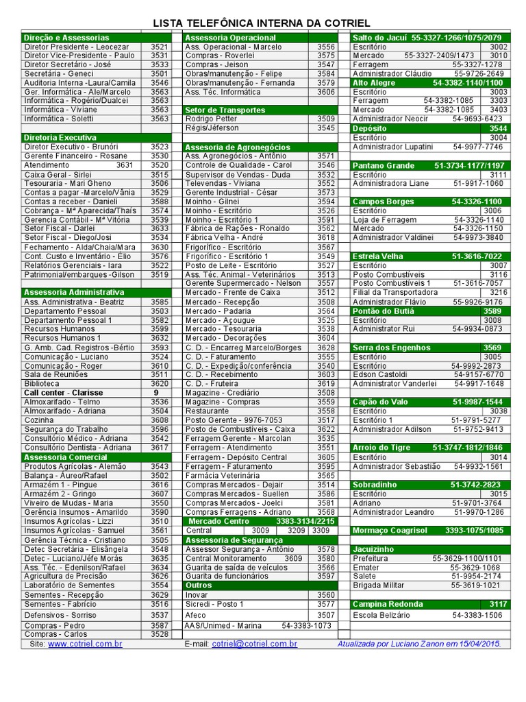 Lista Telefônica Interna Cotriel | PDF | Business | Indústrias de serviços