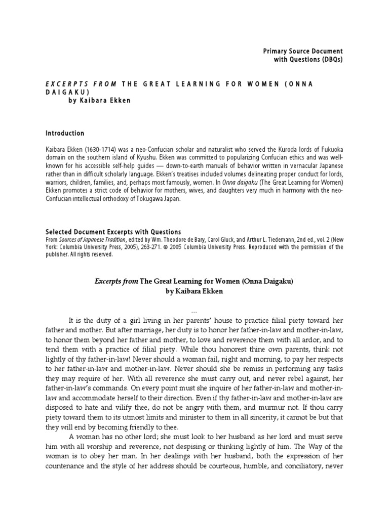 Excerpts from the great learning for women onna daigaku by kaibara