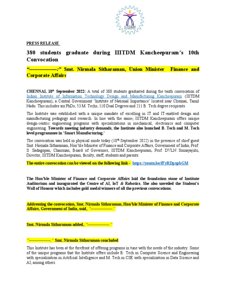 IIITDM's 10th Convocation Highlights | PDF | Master's Degree