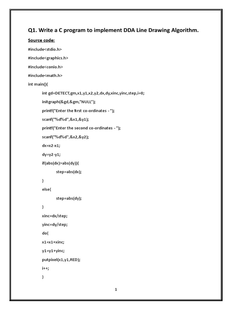 Q1. Write A C Program To Implement DDA Line Drawing Algorithm | PDF