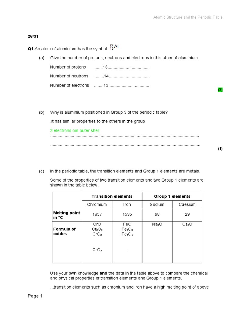 Periodic Table Exam Questions - 1 | PDF | Periodic Table | Chemical ...
