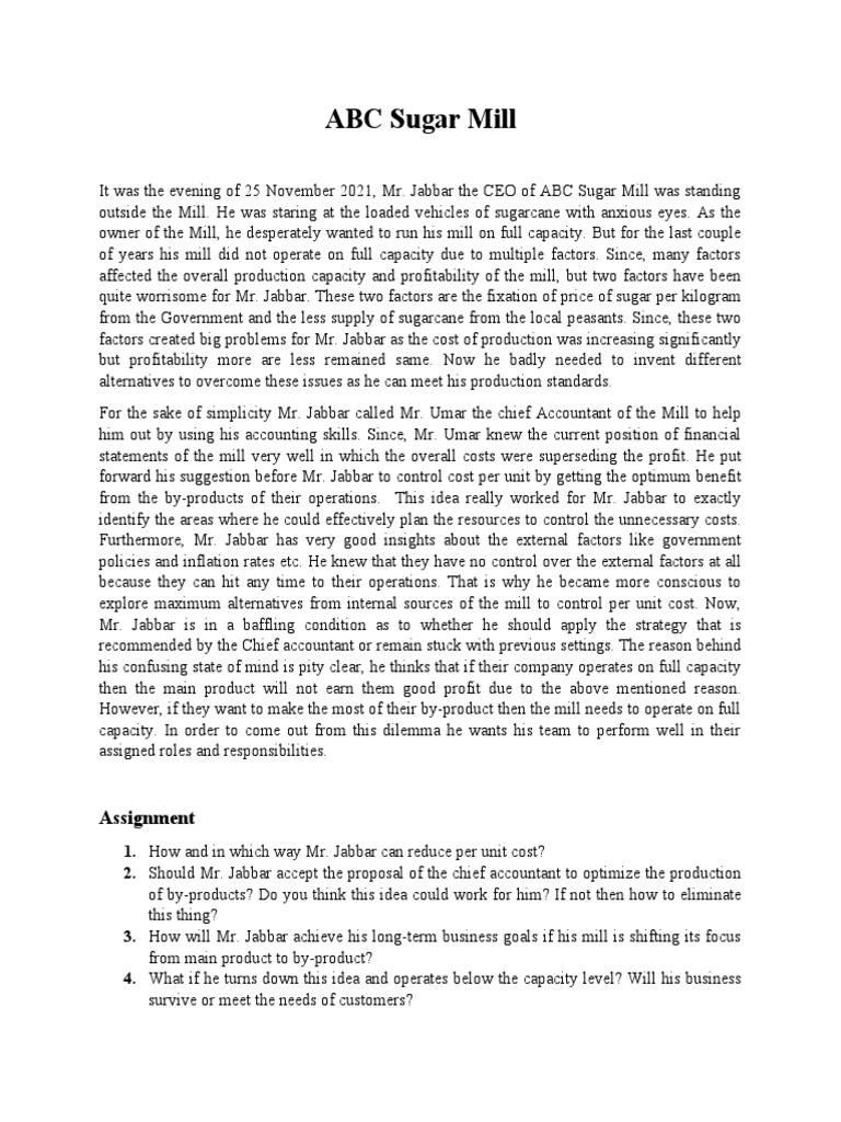 Strategies For Cost Reduction At Abc Sugar Mill Pdf