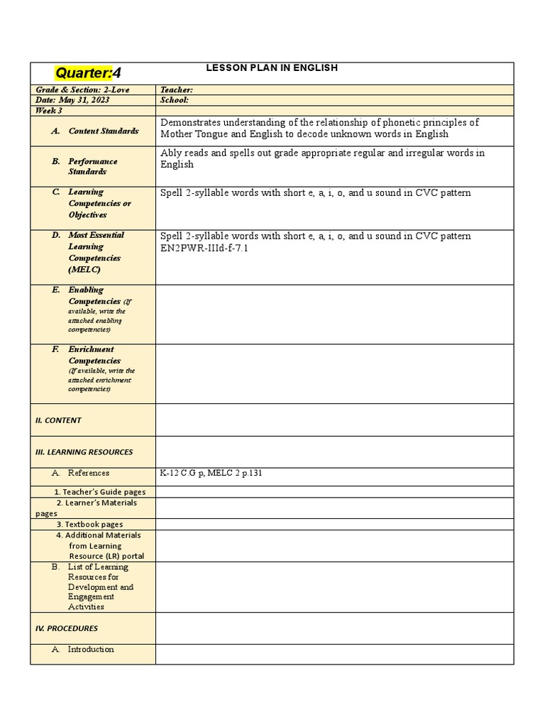 Lesson Exemplar In English Q4 Wk 3 Download Free Pdf Syllable